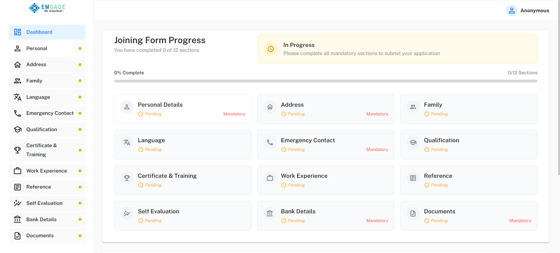 Candidate Dashboard - In Progress